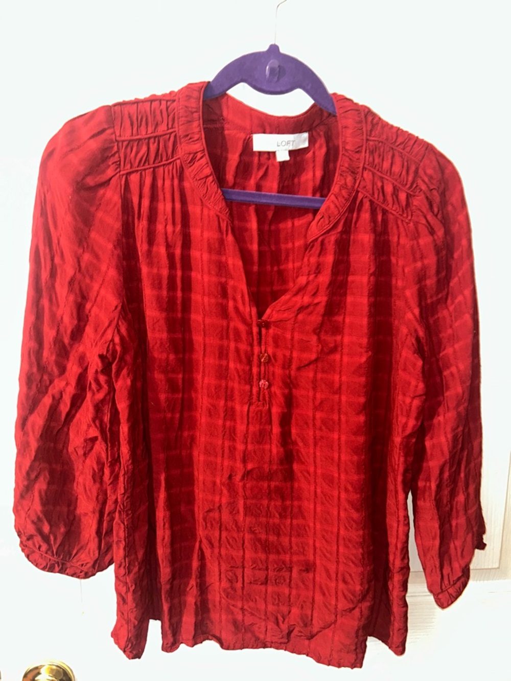 LOFT Crimson Red Textured V-Neck Blouse